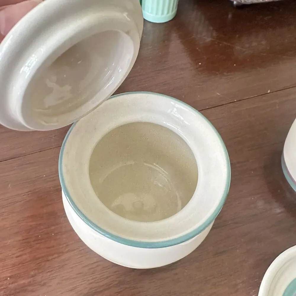 PFALTZGRAFF Juniper Creamer Sugar Bowl Spoon Rest Green Mauve‎ Stripe Vintage